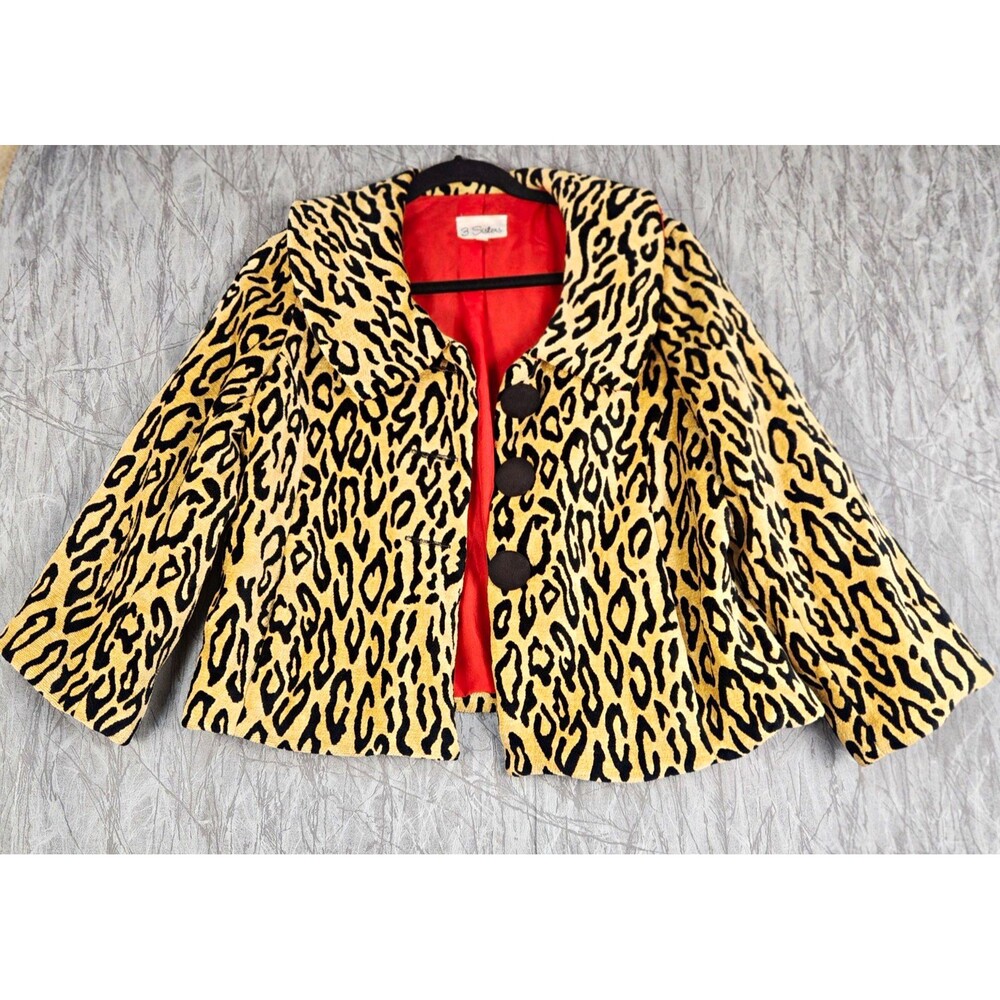 VTG 90s 3 Sisters Women's Leopard Print Lined Button Front Jacket Beige/Black M